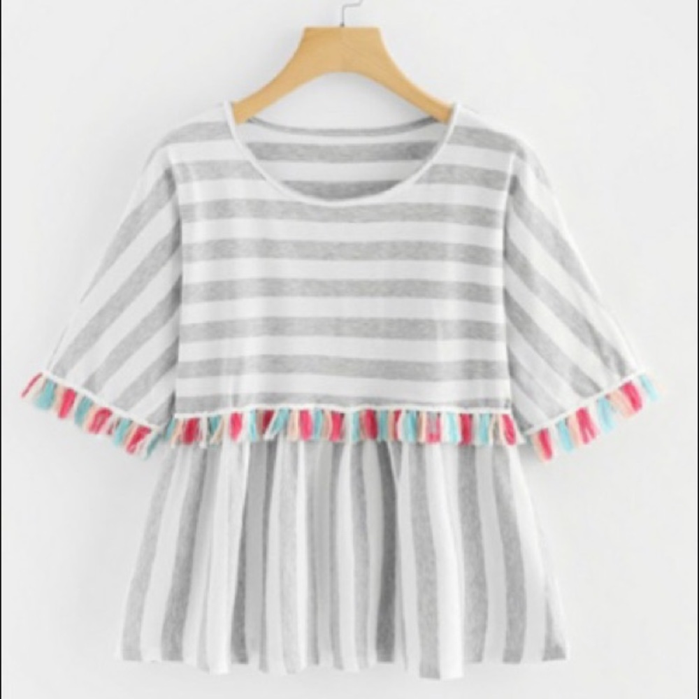 SHEIN Light grey striped, fringed blouse